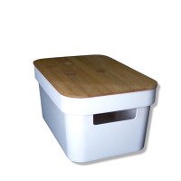 CAJA ORGANIZADORA PLASTICA BLANCA CON TAPA DE BAMBU