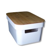 CAJA ORGANIZADORA PLASTICA BLANCA CON TAPA DE BAMBU