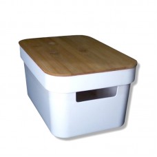 CAJA ORGANIZADORA PLASTICA BLANCA CON TAPA DE BAMBU