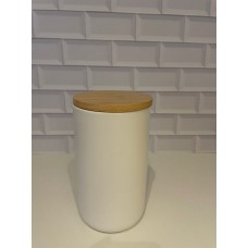 FRASCO DE CERAMICA CON TAPA DE BAMBU GRANDE LISO BLANCO