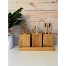 SET DE BAÑO X 4 PIEZAS  DE BAMBU - BANDEJA - PORTACEPILLO- DISPENSER Y MULTIUSO