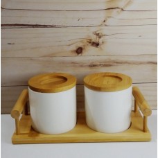 SET DE FRASCOS DE CERAMICA X 2 CON TAPAS Y BASE DE BAMBU