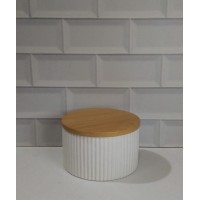 FRASCO DE CERAMICA CON TAPA DE BAMBU CHICO RAYAS BLANCO