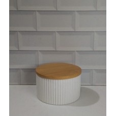 FRASCO DE CERAMICA CON TAPA DE BAMBU CHICO RAYAS BLANCO