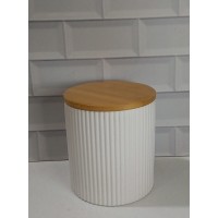 FRASCO DE CERAMICA CON TAPA DE BAMBU GRANDE RAYAS BLANCO