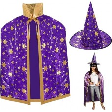 DISFRAZ DE MAGO/BRUJA CAPA + SOMBRERO VIOLETA CON ESTRELLAS DORADAS