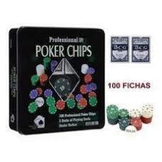 JUEGO DE POKER X 100 FICHAS + 2 MAZOS DE CARTAS EN LATA