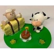 ADORNO DE TORTA PORCELANA FRIA ANIMALES GRANJA CON FARDO